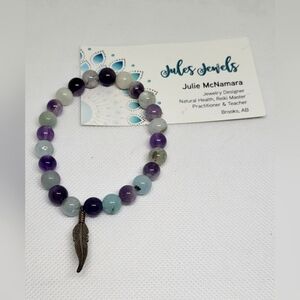 Amethyst & Amazonite Healing Bracelet w/ Feather Charm – Stretch Fit
